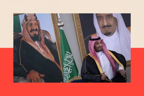 AFP via Getty Images MBS in front of large photographs