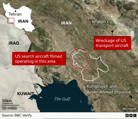 Satellite map showing southwestern Iran and the northern tip of the Gulf, along with Kuwait and eastern Iraq. It shows Kohgiluyeh and Boyer-Ahmad province, area in the province where US search aircraft were filmed operating, also place where wreckage of US transport aircraft was found and the city of Isfahan.