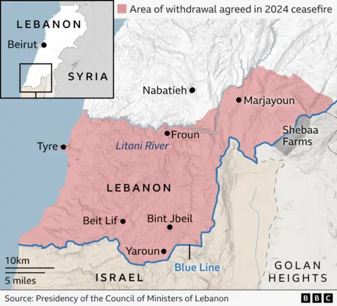 Map showing Israel evacuation order for southern Lebanon.