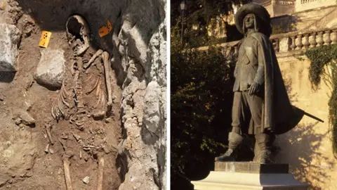 Stichting 6213HL/Gamma-Rapho Two images showing bones on the left and a statue on the right