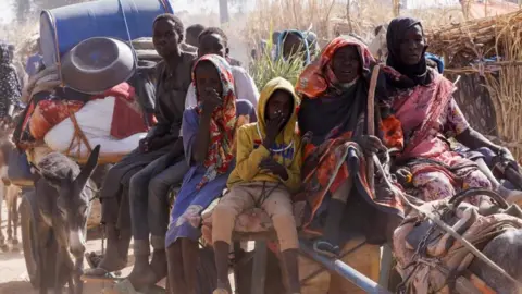 Reuters Displaced people ride a an animal-drawn cart, following Rapid Support Forces (RSF) attacks on Zamzam displacement camp, in the town of Tawila, North Darfur, Sudan April 15, 2025
