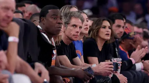 Getty Images Ben Stiller, Tracy Morgan and Mariska Hargitay are in the front row of Game Four of the 2026 NBA Finals between the San Antonio Spurs and the New York Knicks at Madison Square Garden on June 10, 2026 in New York City. 