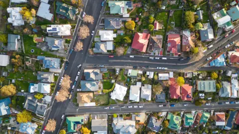 Getty An aerial view of leafy streets and houses with different coloured roofs