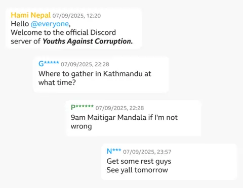 A screenshot of a Discord conversation featuring several chat bubbles. The first message, from a user labelled “Hami Nepal” dated 07/09/2025 at 12:20, welcomes everyone to the official Discord server of Youths Against Corruption. A later message from a user labelled “G*****” on 07/09/2025 at 22:28 asks where and when to gather in Kathmandu. Another user, “P******”, replies at the same timestamp saying: “9am Maitigar Mandala if I'm not wrong.” The final message, from “N***” at 23:57, says: “Get some rest guys. See yall tomorrow.”