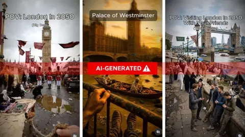 A composite image showing three stills from AI-generated videos, with one showing "London in 2050" with Big Ben in the background and women in hijabs selling goods from blankets on what appears to be Westminster Bridge, while a market stall in the background has a sign reading "Halal". Another labelled "Palace of Westminster" shows people in Islamic dress on a boat carrying fruit on the Thames near Parliament, while rubbish bobs on the river. A third labelled "Visiting London in 2050 with your friends" shows a group of white people gathered by the river with Tower Bridge in the background, surrounded by people in Islamic dress, camels, goats and people huddled near tents.