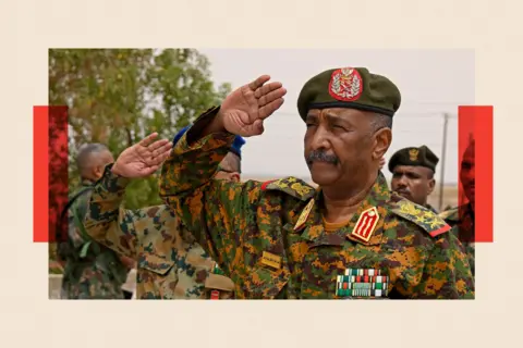 AFP via Getty Images A close up shot of Abdel Fattah al-Burhan as he salutes.