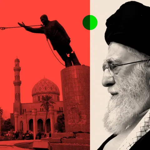 BBC A split images shows a statue of Saddam Hussein being toppled, and on the right is Ayatollah Ali Khamenei 