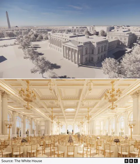 An architectural mock-up of the exterior of the proposed ballroom built next to the main White House residence with the Washington skyline in the background, and a second mock-up of the inside the ballroom with dozens of tables and chairs placed in a grand gold-plated white room.