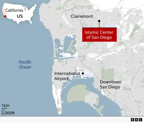 Map showing location of Islamic Center of San Diego in relation to Downtown San Diego, the airport and Clairemont