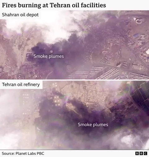 A satellite image showing smoke rising at the Shahran oil depot and the Tehran oil refinery.