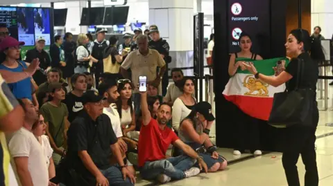 Reuters A group of around 15 people, some seated, some standing, at the airport. Some with the Lion and Sun flag, which served as the official state flag before the Islamic revolution in Iran