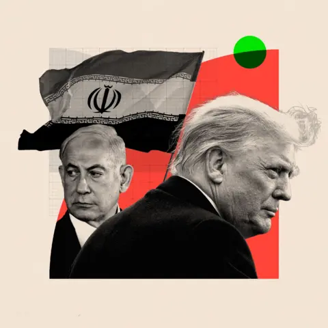 BBC A treated collage featuring close up images of Benjamin Netanyahu and Donald Trump with the Iranian flag edited in the background