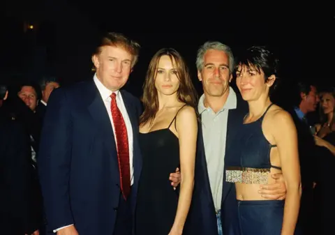 Getty Images Donald Trump and future wife Melania Knauss, Jeffrey Epstein, and Ghislaine Maxwell pose together at the Mar-a-Lago club, Palm Beach, Florida, in February 2000