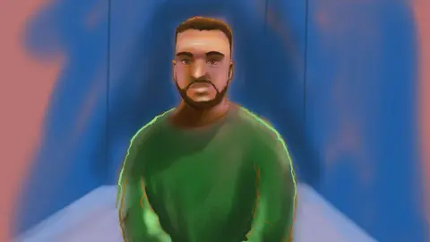 Getty Images A court sketch depicts Bondi beach shooting accused Naveed Akram, wearing a green jumper and with a short beard, appearing in a Sydney court via video link