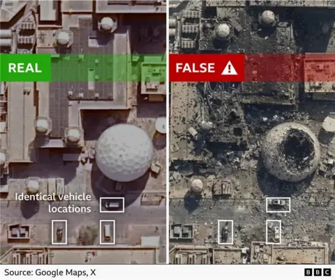 The real satellite image next to the fake satellite image with the identical vehicle locations highlighted