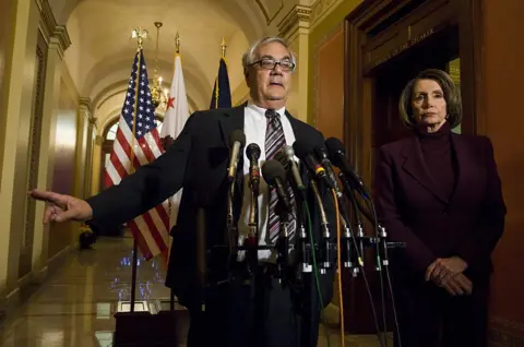 Getty Images Barney Frank pictured inside the US Capitol next to congresswoman Nancy Pelosi during a press conference in 2008