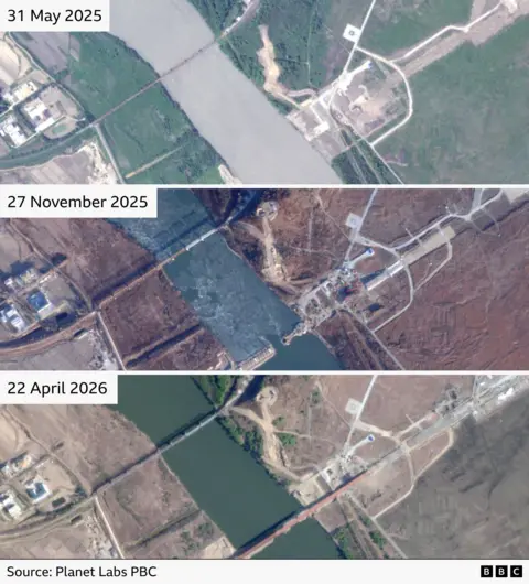 Three satellite images showing the construction of the bridge on 31 May 2025, 27 November 2025 and 22 April 2026