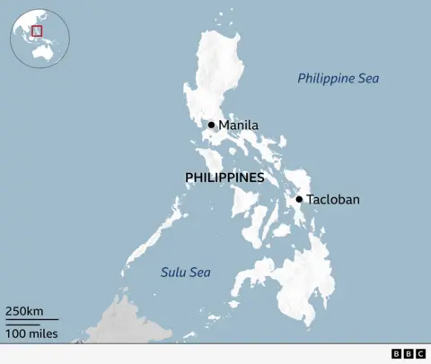 Map of the Philippines showing the capital of Manila and Tacloban city in the central islands