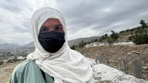 A woman in a white head scarf with a black face mask and green dress stands in front of a hill with white pebbles and grey slate. In the background, below, a city can be seen. The sky is grey.
