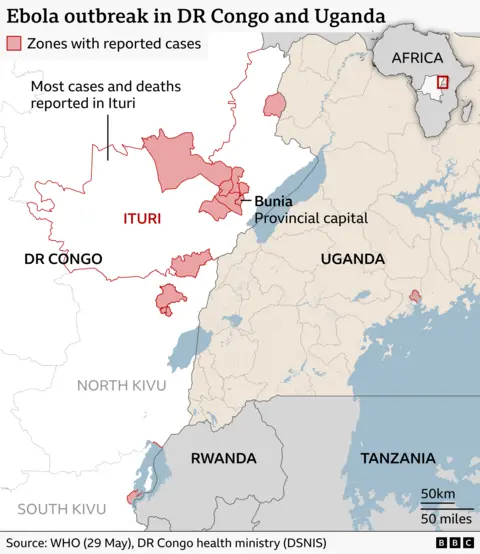 A BBC Map titled “Ebola outbreak in DR Congo and Uganda” showing eastern Democratic Republic of Congo and neighbouring countries Uganda, Rwanda and Tanzania. Areas with reported cases of Ebola are shaded in red, with the largest concentration in the eastern DR Congo province of Ituri. A label notes: “Most cases and deaths reported in Ituri.” Bunia, the provincial capital of Ituri, and near Lake Albert on the Uganda border, is marked as one of the areas with reported cases. Smaller affected zones are also shown in the provinces of North Kivu and South Kivu and one in western Uganda.