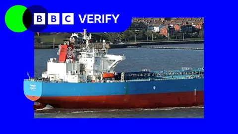 BBC The Forwarder anchored at port. The tanker is imposed over the BBC Verify colours and branding. 