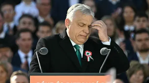 AFP via Getty Images A man puts his hand to his face wearing a black coat and green tie with an audience behind him