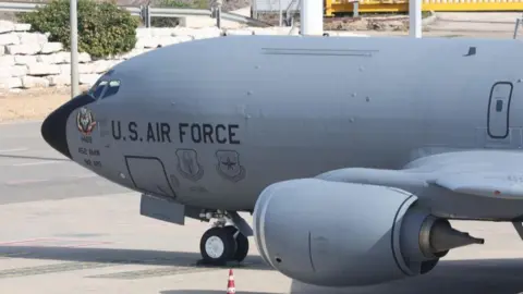 EPA A US Air Force Boeing KC-135 Stratotanker aerial refuelling tanker aircraft is seen at an airport.