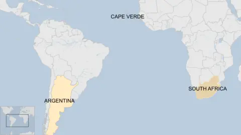 A map showing where Argentina, Cape Verde and South Africa are located
