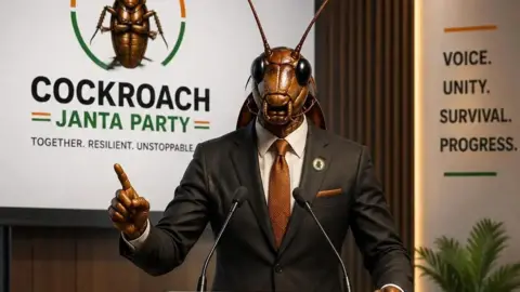 Screengrab from Cockroach Janta Party's website A staged political-style press conference scene featuring a human-like figure with a cockroach head wearing a dark suit and tie, standing behind a sleek podium with microphones. The podium and backdrop display the name “Cockroach Janta Party” alongside a cockroach emblem in orange, white, and green