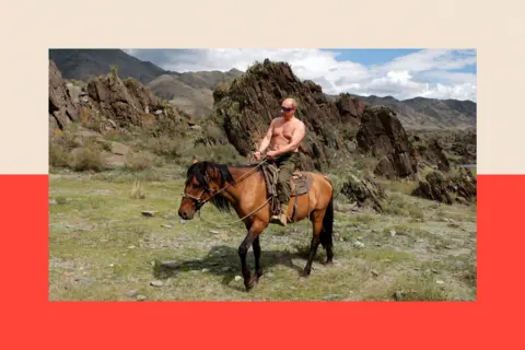 Reuters Vladimir Putin is topless on horseback against a mountainous backdrop. He is wearing sunglasses and dark green military-style trousers.