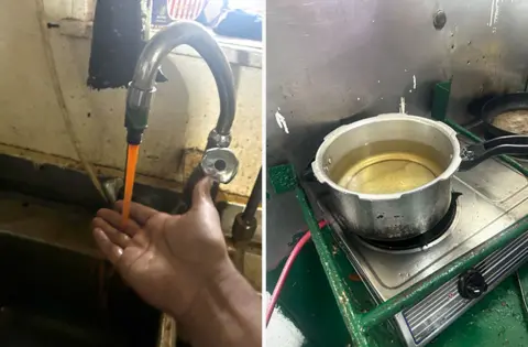 Rex Pereira Brown water pours out of a tap in the left hand image and diesel-contaminated water is boiled in a pot in the image on the right 