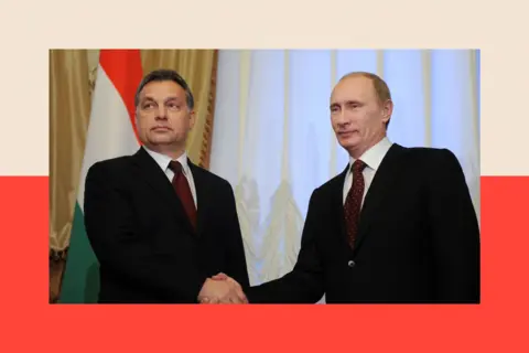 AFP via Getty Images Viktor Orban and Vladimir Putin shake hands in front of the Hungarian flag. They both wear dark suits