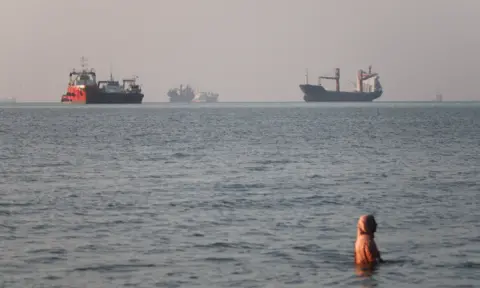 Reuters A woman in the water with a number of large vessels in the distance