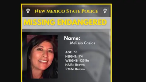 New Mexico State Police A missing person's poster featuring a photo of a smiling Melissa Casias and biographical information including her age listed as 53