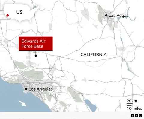 BBC map showing the location of Edwards Air Force Base in California, around 65 miles (100km) north of Los Angeles. Las Vegas is shown further to the northeast. An inset globe at the top left shows the location of California on the west coast of the United States.