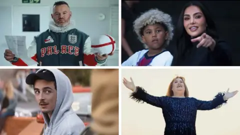 Nike/Palace/England/Adidas/Irn-Bru Wayne Rooney as William Shakespeare, Kim Kardashian and her son, Timothee Chalamet and Susan Boyle - in a four-way split picture. All images taken from prominent recent World Cup adjacent adverts