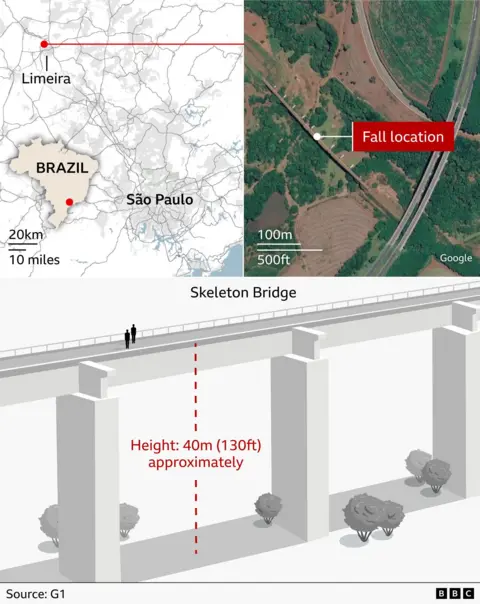 Graphic showing the location and height of “Skeleton Bridge” near Limeira in São Paulo state, Brazil. A map highlights Brazil and Limeira area, while a satellite image marks a “fall location” beside a road and bridge. Below, a diagram illustrates two people standing on the bridge and a dashed line indicating an approximate 40m (130ft) drop to the ground. Scale bars and source/branding labels are included.
