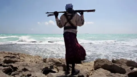 Mohamed Dahir A man with his back to the camera stands on some rocks by the see. he is holding a rifle across his shoulders.