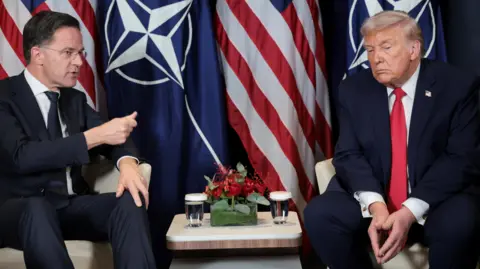 Reuters Nato Secretary General Mark Rutte and US President Donald Trump sitting in front of the Nato and American flag with a small table between them with two water glasses and a bundle of red flowers. 