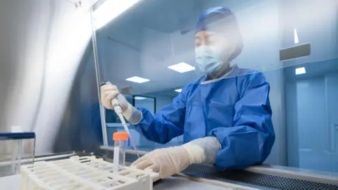 Getty Images The image shows a laboratory setting with bright, clean lighting and smooth surfaces. A person is wearing protective clothing, including a blue gown, gloves, a face mask, and a head covering. The person is using a pipette to transfer liquid into a small tube placed in a rack. A clear protective barrier is positioned in front of the workspace, suggesting a sterile or controlled environment. The background includes lab equipment and reflective surfaces, reinforcing the clinical and scientific atmosphere.