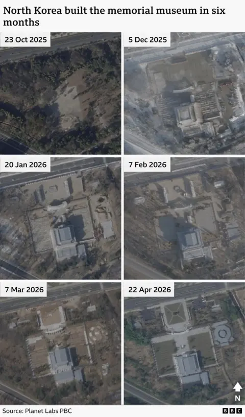 Six satellite images show the construction of the memorial museum in Pyongyang from 23 Oct 2025 to 22 Apr 2026