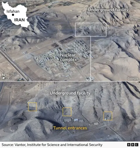 Image shows the Isfahan nuclear site with annotations added by the BBC to point to tunnel entrances
