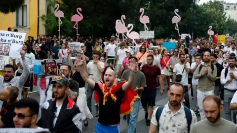 EPA A large group of people some claooing, some with arms raises and chanting - taking part in a protest. Some are holding pink flamingo cut-outs - the symbol of the protest