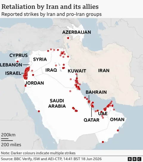 A map of the Middle East showing verified locations of strikes by Iran. Oman, Qatar, UAE, Saudi Arabia, Iraq, Jordan, Israel, Kuwait, Lebanon and Syria have all been hit. 