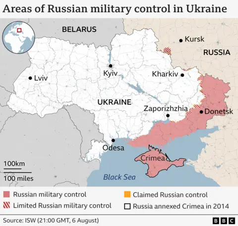 Map showing which areas of Ukraine are under Russian military control or limited Russian control. A large section of the map, including Crimea and Donetsk are coloured in red to show that the areas are fully under Russian military control.