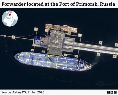 A satellite image showing the Forwarder docked at an oil depot in Primorsk, Russia. 