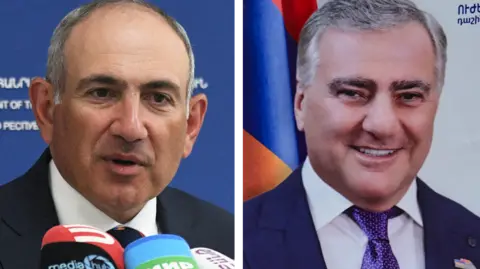 Getty Images A composite image showing Nikol Pashinyan, an older, balding man in a suit, speaking into microphones, on the left; and a poster of a smiling Samvel Karapetyan, an older man with greying hair in a dark suit and purple tie.