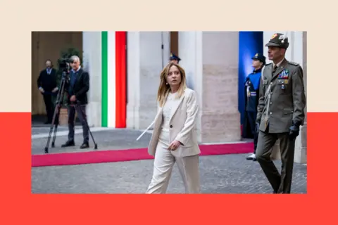 Getty Images Italian Prime Minister Giorgia Meloni arrives to meet with President of Cyprus Nikos Christodoulides (not pictured)