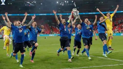 Getty Images Italian players celebrating the 2021 win