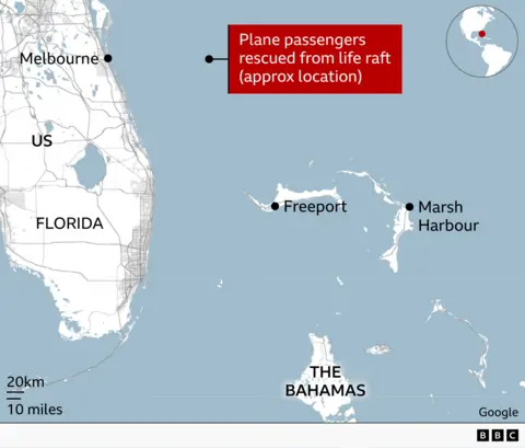 A map showing the state of Florida and the Bahamas. Two points mark where the flight originated and was supposed to land. Another point shows where the flight crashed. A fourth point shows the Florida city of Melbourne.